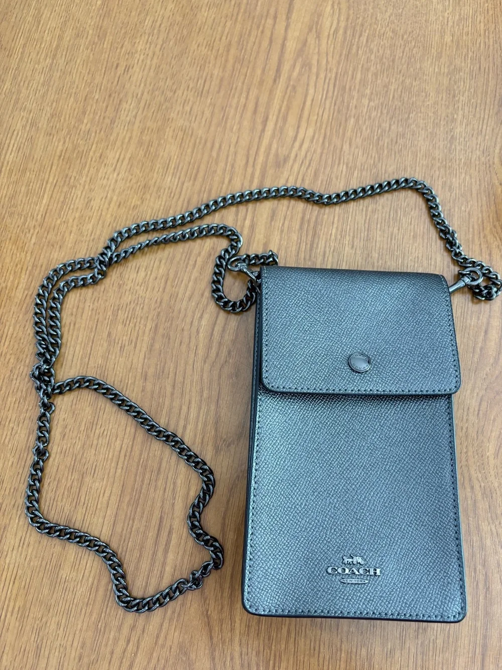 Coach Gunmetal Metallic Graphite Snap Phone Crossbody Purse